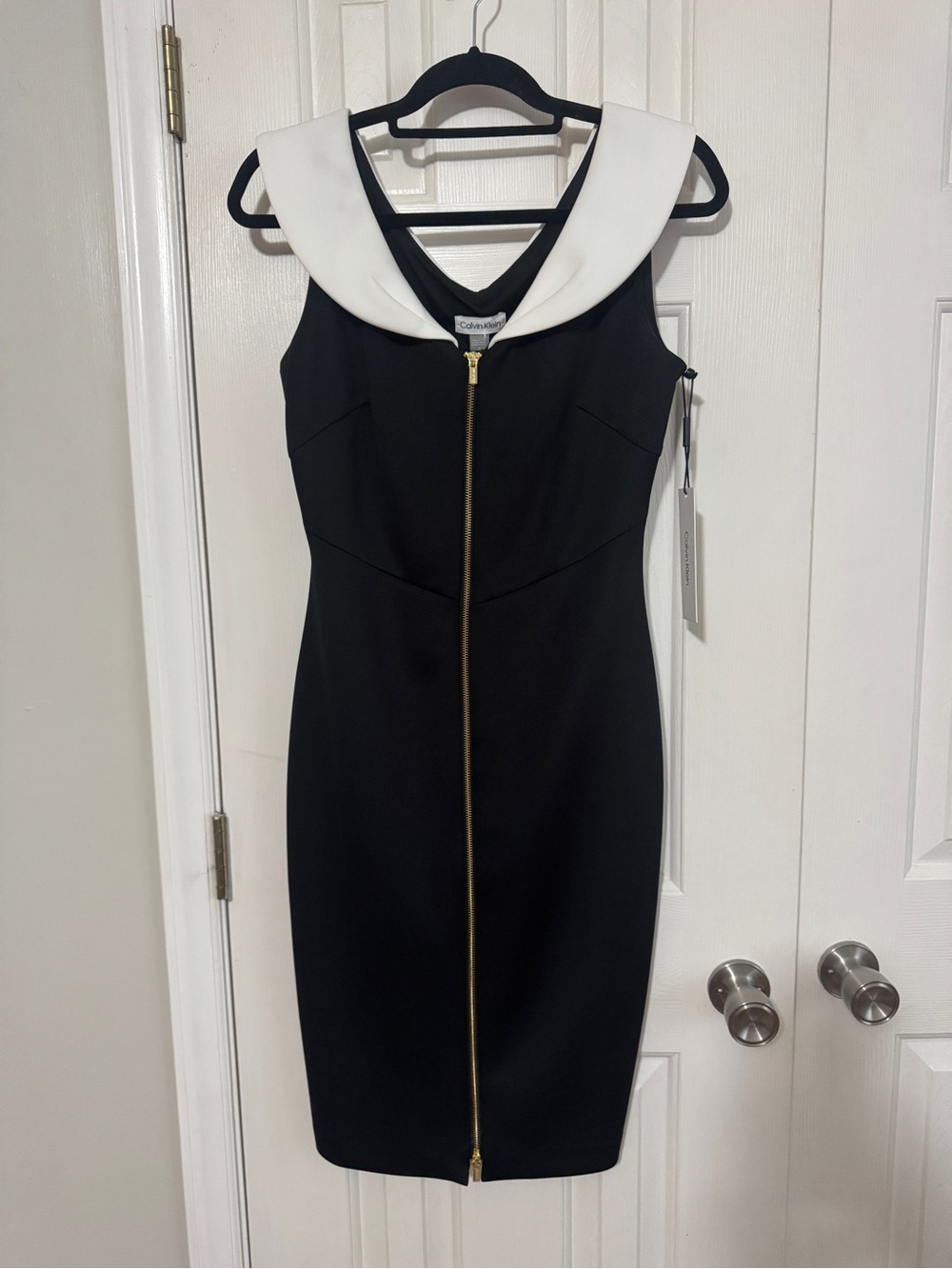 Calvin Klein Black Sheath Dress with White Sailor Collar and Gold Zip